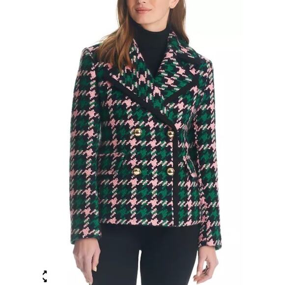 Kate Spade Houndstooth Wool Blend Peacoat Pink Green Double Breasted Jacket sz M - Picture 1 of 10
